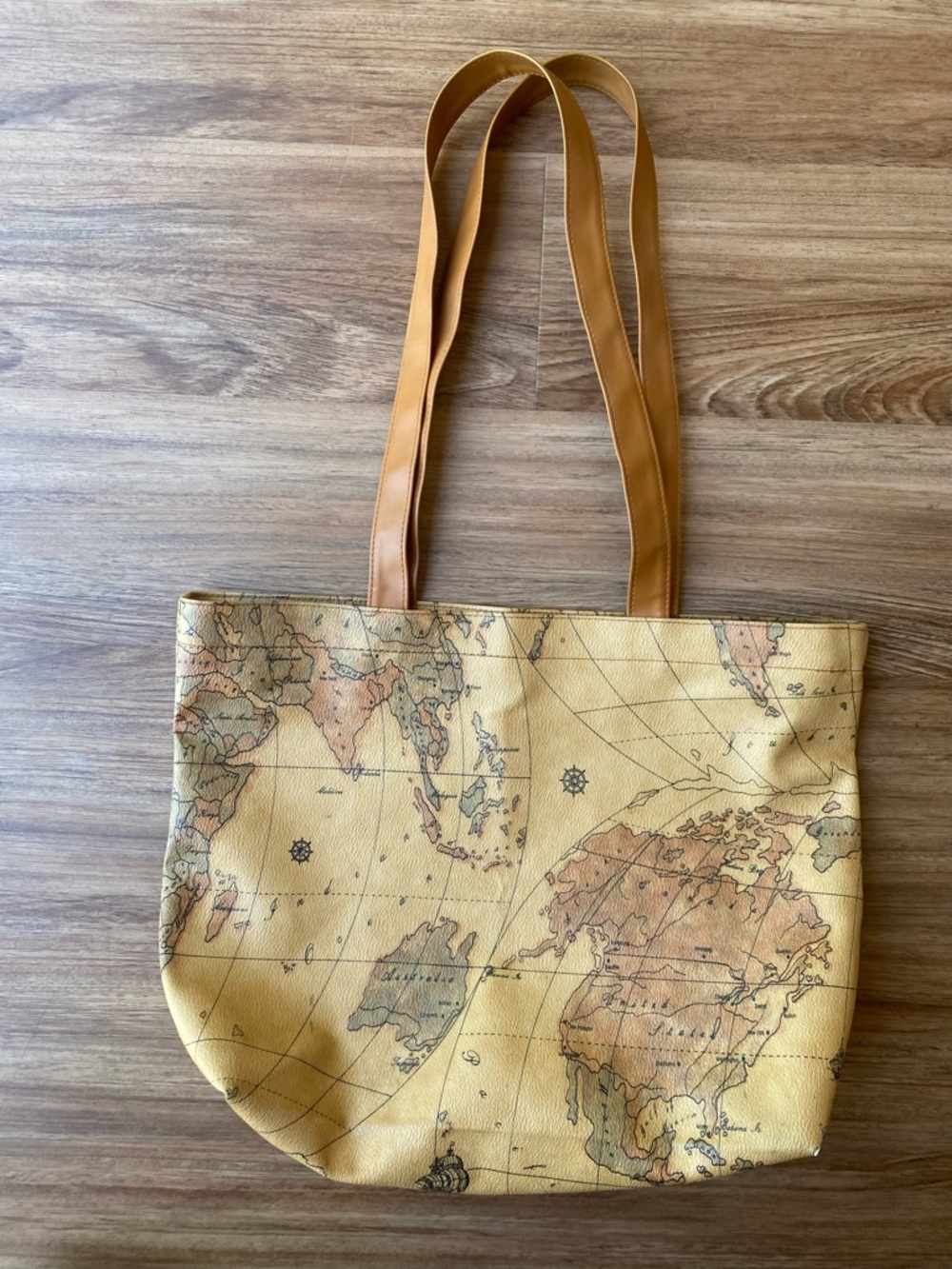 Vintage Map Print Tote in Tan with Leather Straps